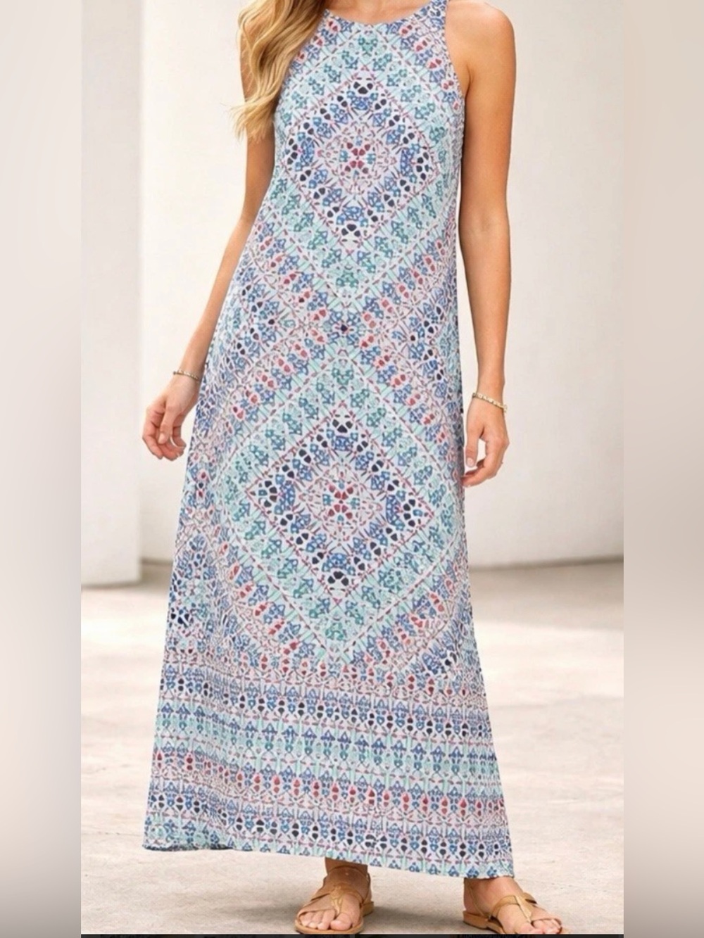 The Limited Sleeveless Maxi Dress in Blue and Mint Geometric Print